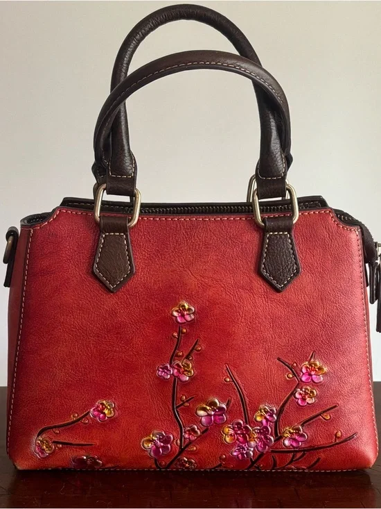 Hides And Grain Red Floral Embossed Leather Satchel Handbag - Picture 3 of 5